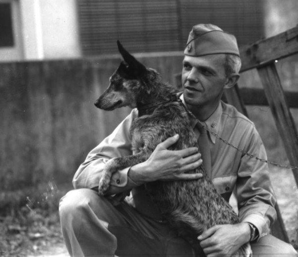 US Soldier in Australia in WWII in a khaki uniform (and with a charming pup)