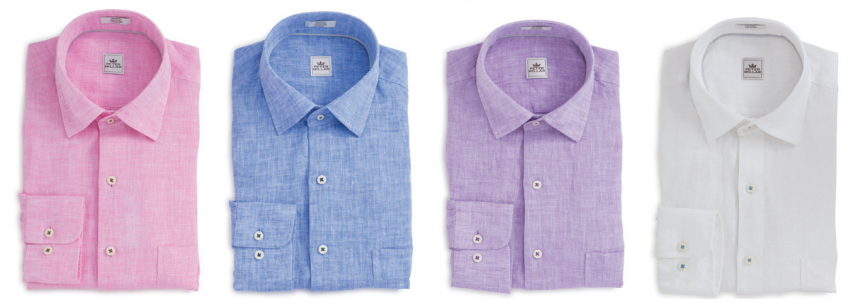 Peter Millar linen shirts in retro pink, liberty blue,  parade and white